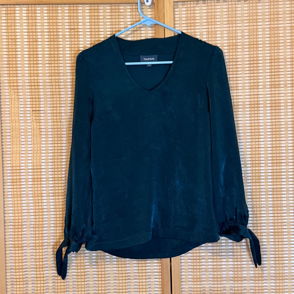 ModCloth Womens XXS Dark Teal Green Hammered Satin V-Neck Tie Cuff Blouse Top
